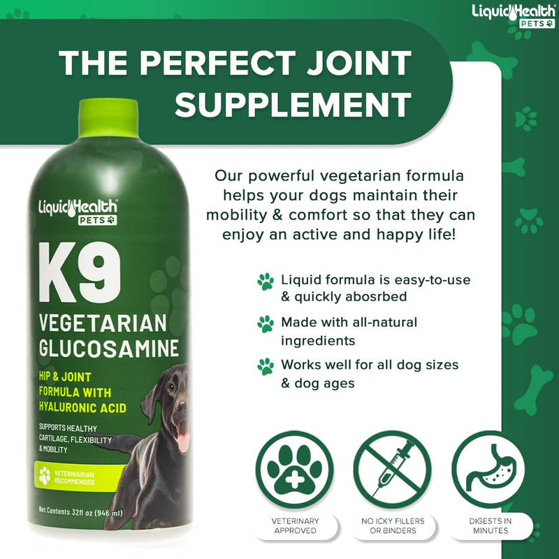 LIQUIDHEALTH Pets K9 Vegetarian Glucosamine for Dogs & Puppies & Joint Purr-Fection Glucosamine Drops for Cats & Kittens - Pet Supplements Made in USA