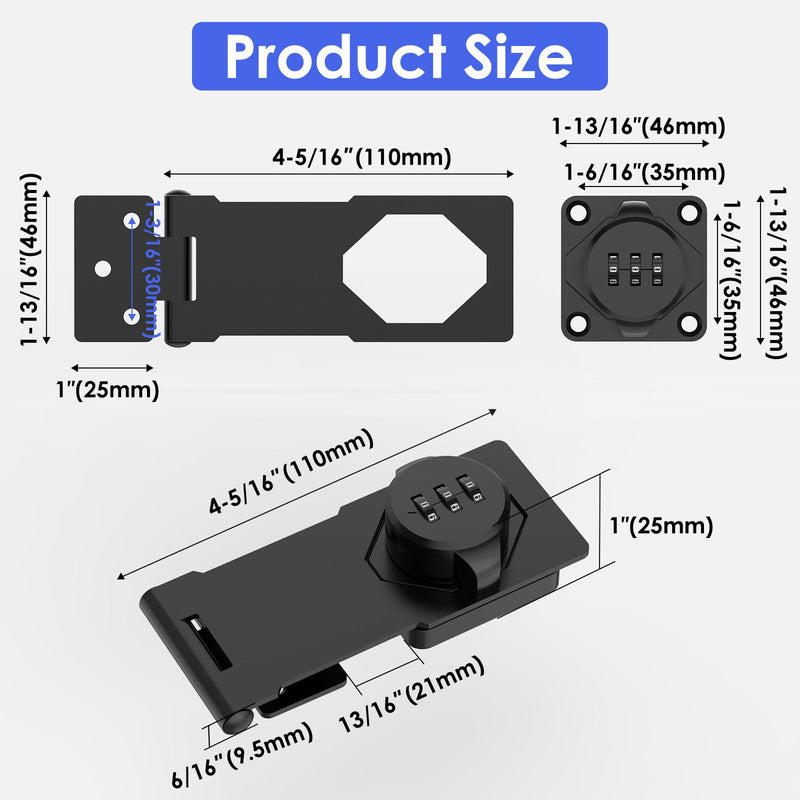 4 Packs Mechanical Password Rotary Hasp Locks, Cabinet Locks with Combination, Door Security Latch for Small Barn Doors, Cabinets, Gate, Bathroom, Outdoor, Closet, Fence 4 Packs Black