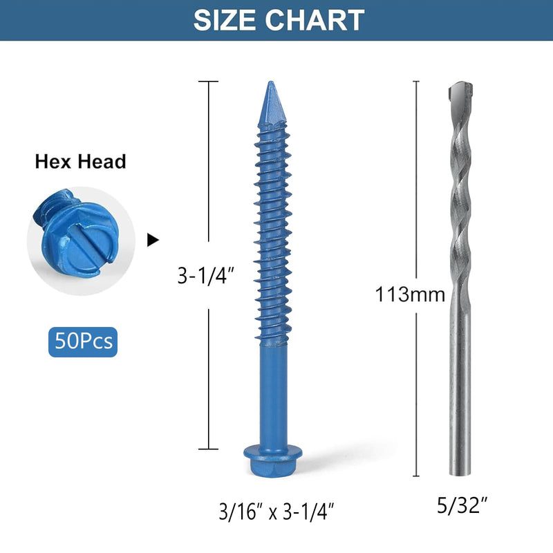 3/16 x 3-1/4 Inch 50Pcs Concrete Screws, Hex Head Screw Anchor with Drill Bit, for Masonry, Block, Brick, Cement, Stucco, Diamond Point 3/16x3-1/4 In Blue-Hex Head