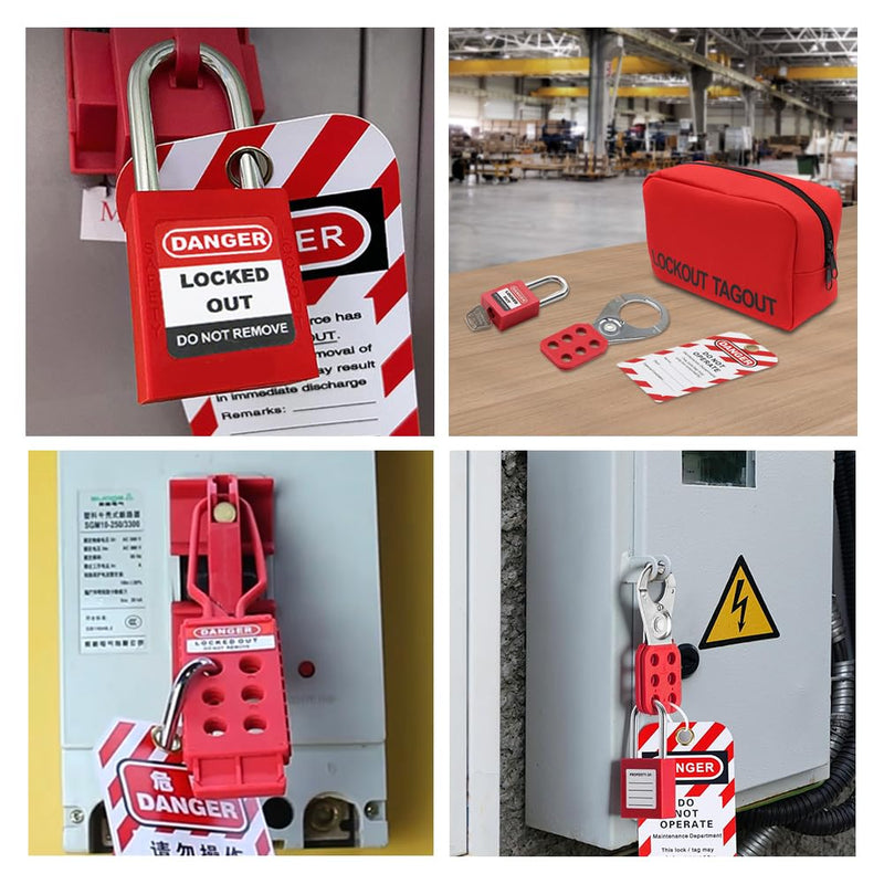 Lockout Tagout Kit Safety Electrical Loto Group Hasps Each Red Padlock with 2 Differ Key 8X Tagout Tags 1x 1 Nylon Buckle 1x Pocket Bag HLM29