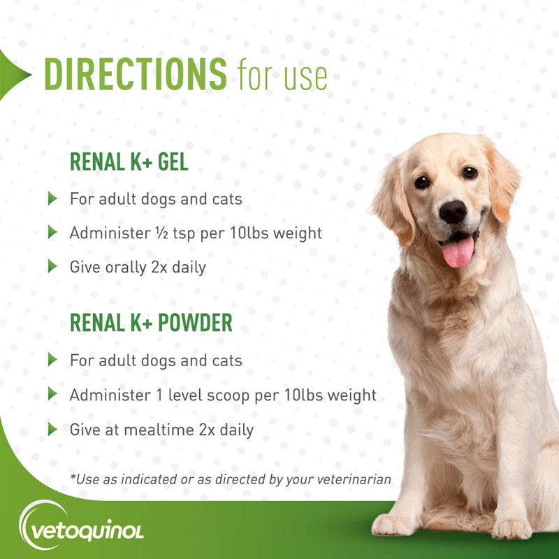 Vetoquinol Renal K+ (Potassium Gluconate) Potassium Supplement Powder for Dogs and Cats, 3.5oz