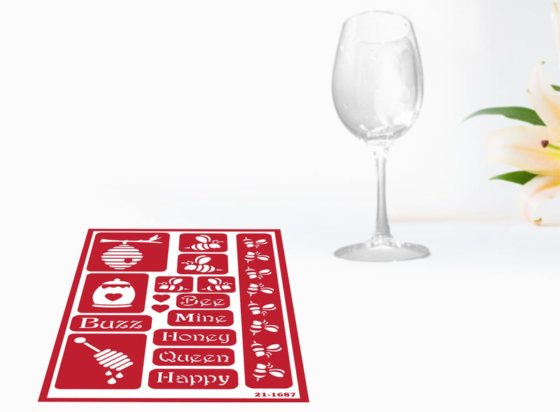 2 Reusable Glass Etching Stencils - Gnome and Honey Bee Themed Etch Stencil - Hive, Bees, Words Theme Design - Set Includes Brush