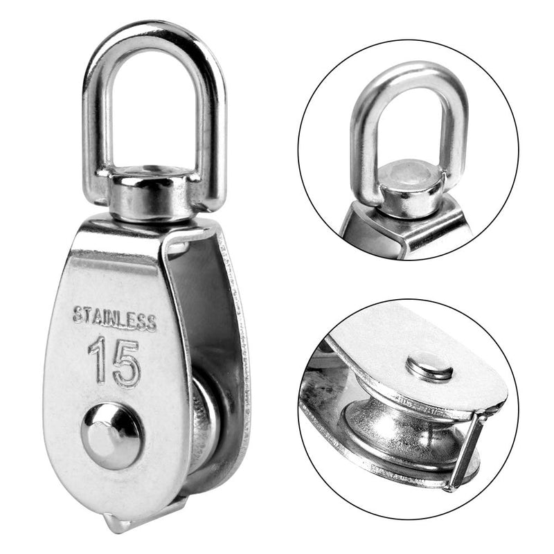 Pack of 10 Small Pulley M15, M15 Lifting Single Pulley, Stainless Steel Wire Rope Crane Pulley Block Hanging Wire Towing Pulley Wheel for Towing Traction, 35 kg Load Capacity, Silver