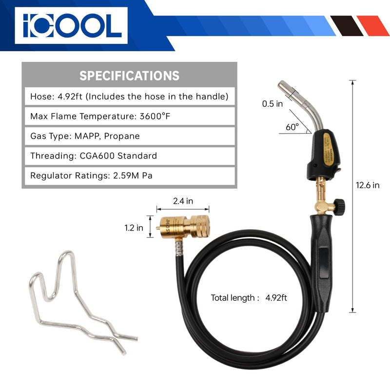 ICOOL Propane Torch with Hose, Mapp Gas Torch with Valve, Trigger Start Maximum Temperature 3600℉, CGA600 Cylinder Connection, Welding Torch for Soldering, Plumbing, HVAC (Includes Cylinder Clip) Quick ignition with Valve