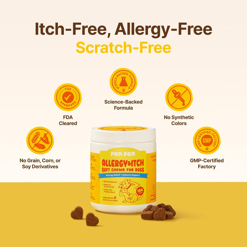 PENPEN Dog Allergy Chews - Anti-Itch & Itchy Skin Support for Dogs, Probiotics & Omega 3 (Fish Oil) for Immune & Gut Health - Peanut Butter Flavor - 180 Soft Chews 180 Chews