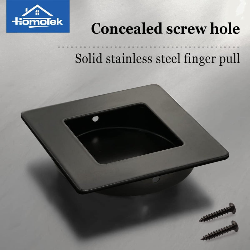 HOMOTEK 4 Pack 2-3/4 Inch Square Recessed Sliding Closet Door Finger Pulls, Diameter 2-3/8 Inch(60mm) Stainless Steel Flush Handles for Pocket Door, Bypass Barn Drawer Pulls(Black) Square-Black
