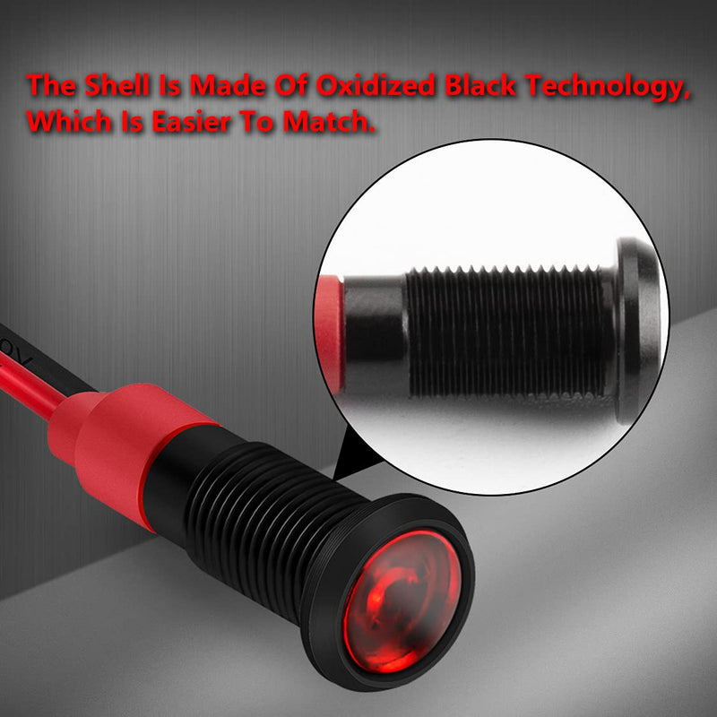 DaierTek 1/4" 12 Volt LED Indicator Light 6mm 12V Red Pilot Lamp IP67 Waterproof Aluminum Metal Material Marine Black Bezel with Wire Leads-10pcs