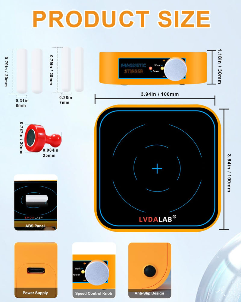 Rechargeable Magnetic Stir Plate, LVDALAB 3000RPM Mini Electric Magnetic Stirrer, 3000ml Lab Stirrers for Low Viscosity Liquid, No Heating, Adjustable Speed, 4 Stir Bars 1Retriever Included - Yellow Rechargable