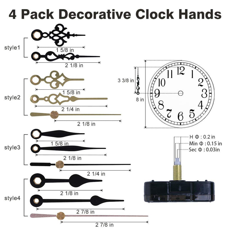 EMOON 2 Pack Clock Movement Mechanism with 4 Pairs of Short Hands Battery Silent Sweep Operated Quartz Clock Motor Kit DIY Repair Parts Replacement, 3/4 Inch Total Shaft Length Total Shaft Length 3/4 in