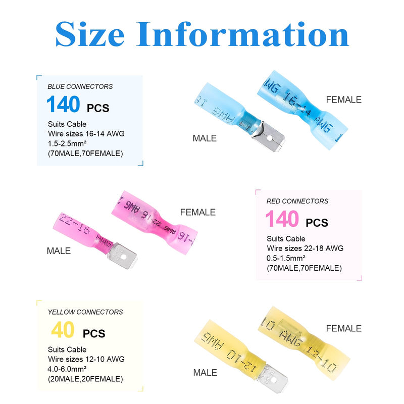 320PCS Heat Shrink Disconnect Connectors kit, Male & Female Blade/Spade Wire Terminals, Quick Disconnect Crimp Wire Connectors for Marine Wiring/Electrical Projects