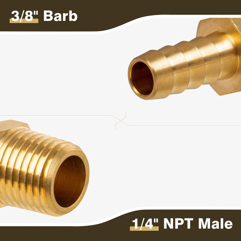 3/8" Barb x 1/4" NPT Male Pipe, Brass Hose Barb Fitting for Air, Gas, Fuel, Oil (2 Pack) 3/8" Barb x 1/4" NPT Male 2 Pack