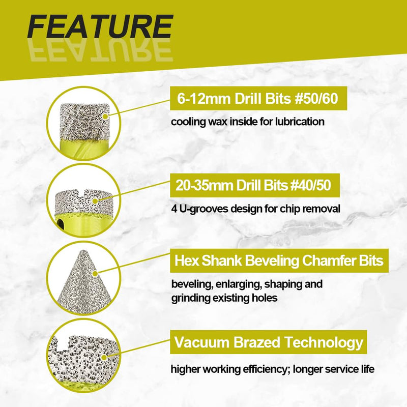 Diamond Core Drill Bits Set - 7pcs (6/8/10/20/25/35mm+50mm Hex Shank Beveling Chamfer Bit) SANLEETEK Hole Saw Kit with Round Shank for Ceramic Tile Porcelain Marble Granite Round Shank Set1