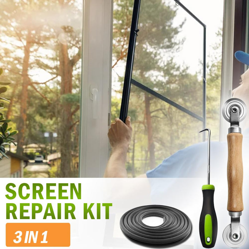 Window Screen Repair Kit, 32ft Screen Spline, Steel Screen Roller Tool, Spline Removal Pick, 3 in 1 Screen Repair Kit for Installing Door and Window Screens Steel Roller+32ft Spline+Pick