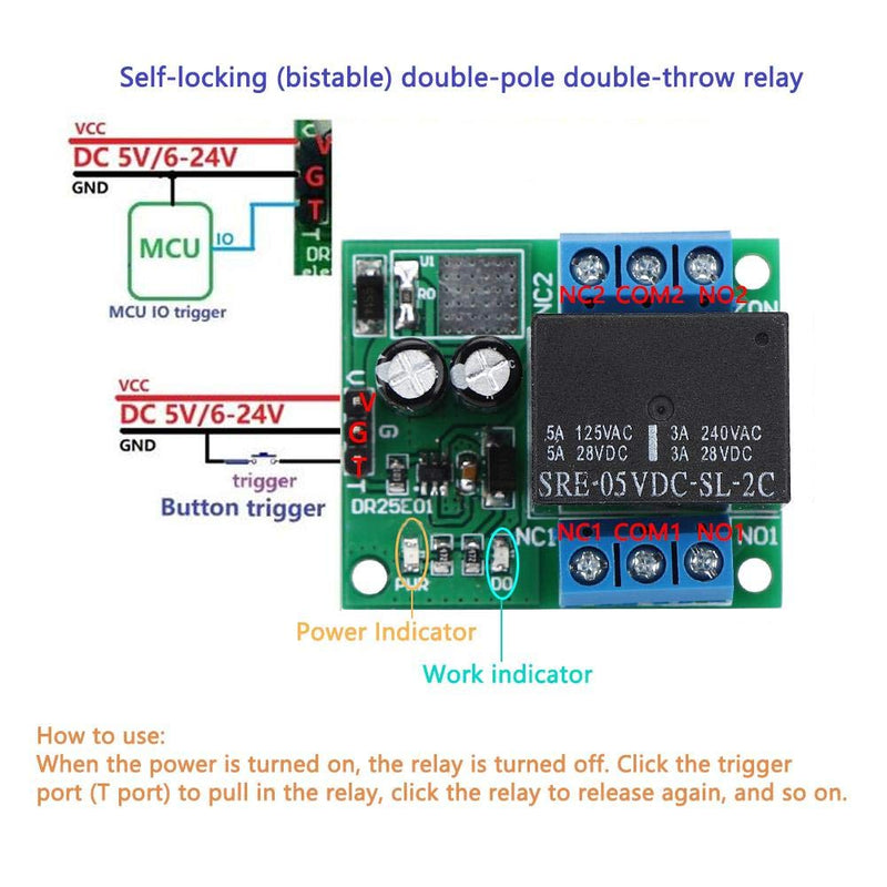 DR25E01 Relay Module DPDT Relay Module Double Throw Relay Double Pole Throw Self Locking Bistable Relay Board(DC5V)