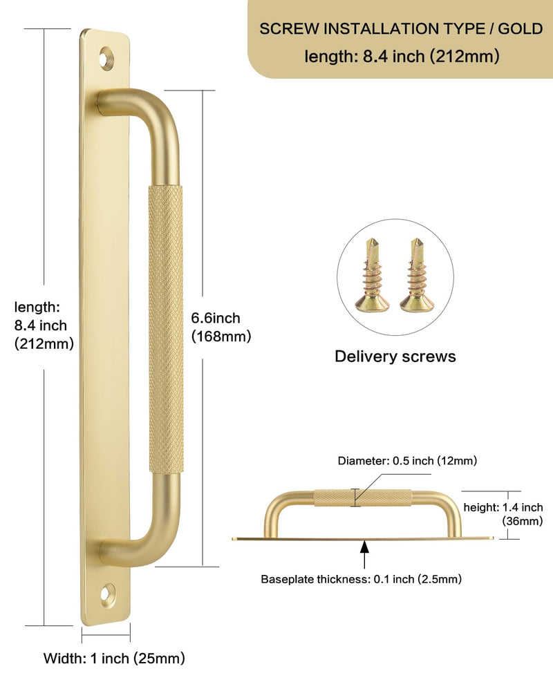 2 Pack Sliding Door Handles Gold 8.4 Inch Barn Door Handles Flat Cabinet Pulls Aluminum Outdoor Gate Handle Bifold Door Pull Dressers Pulls(Gold with Screw, 8.4 inch) gold with screw 2