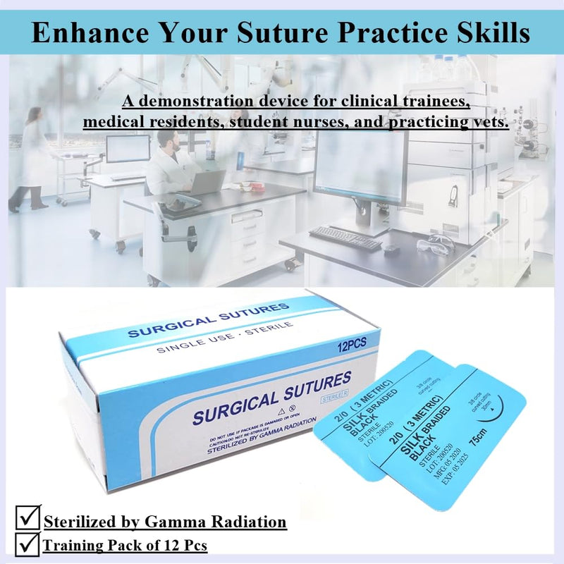 HTI Training Suture Thread 2-0 Silk Sterile with Needle Box of 12 Pcs for Nursing Student Training Kit RN, EMT, Vet Demo