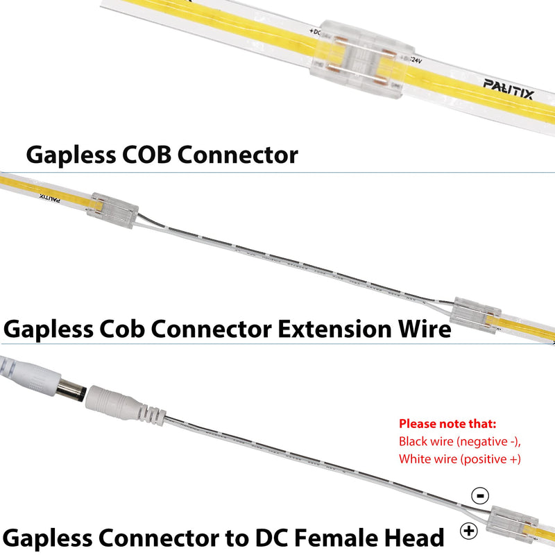 PAUTIX 8mm Connectors for 2-Pin COB LED Strip Lights,4pcs Transparent Gapless Connectors,4pcs Dual End,1pc Single to DC Female Plug 7.9in Extension Wire,2pcs L-shaped Connectors,1pc T-shaped Connector 8mm Cob Connectors/Upgraded Set