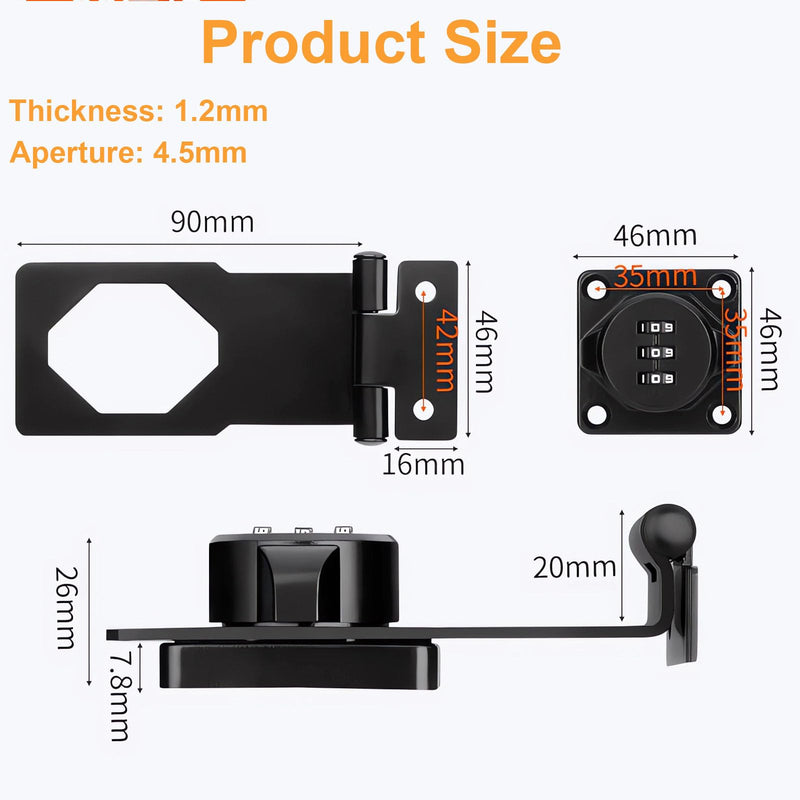 90 Degree Barn Door Lock and Latch - Right Angle Sliding Closet Lock - Keyless Cabinet Door Lock for Fences and Sheds Black 2 Pack