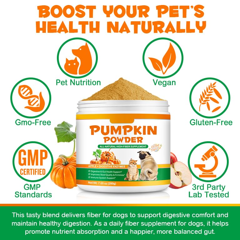 Organic Pumpkin Powder for Dogs&Cats,All Natural Fiber for Dogs&Cats, with Digestive Enzymes, Apple,Digestive & Gut Health Support Constipation Relief Suitable for Adult Dogs & Cats