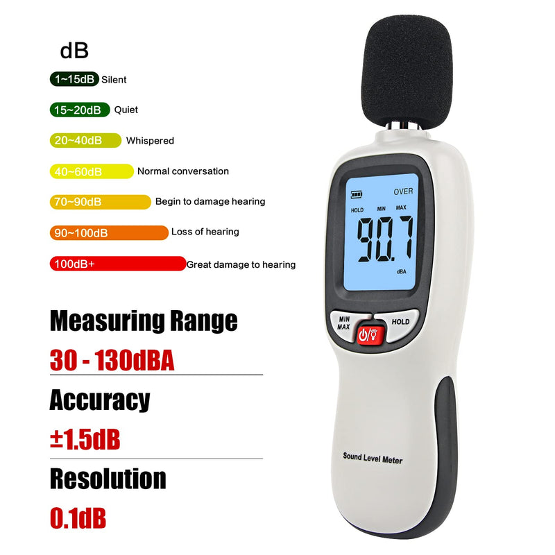 Decibel Meter, Portable SPL Meter (Sound Pressure Level Meter), Digital Noise Meter 30-130dB(A) db Meter, Noise Volume Measuring Instrument, Sound Monitoring Tester (Battery Included) Gray