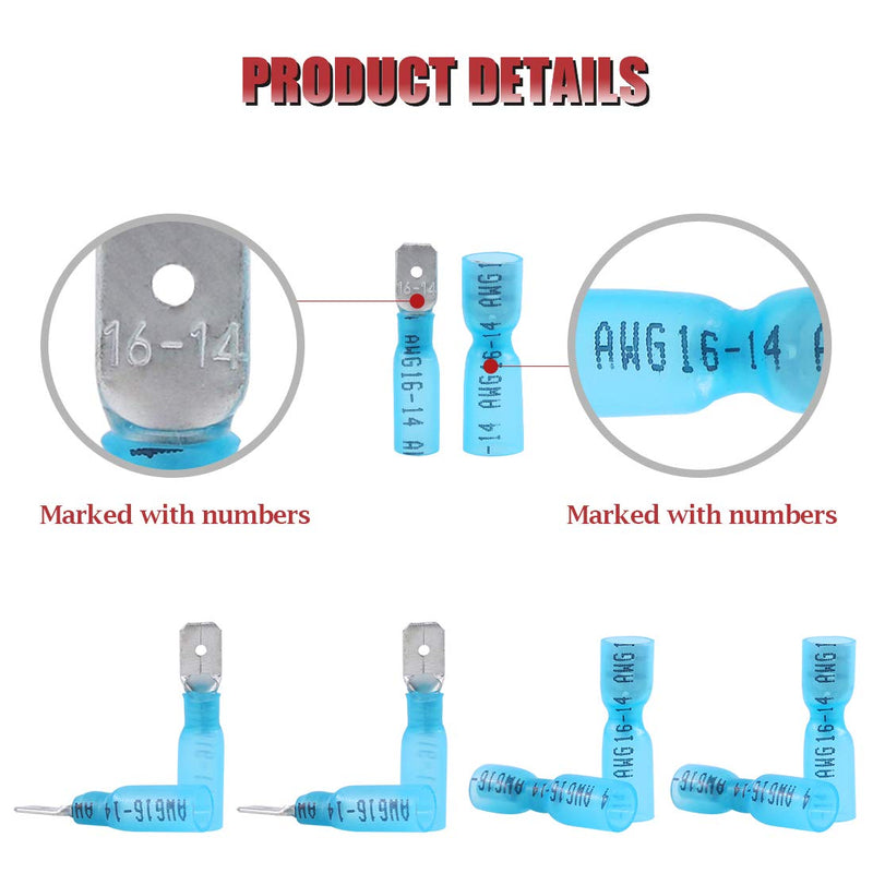 Hilitchi 100Pcs Nylon Heat Shrink Fully Insulated Female Male Spade Wire Electrical Crimp Terminal Quick Wiring Connector (50 Male 50 Female Connectors Blue / 16-14AWG)
