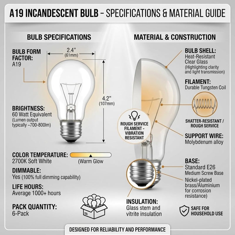 6 Pack A19 Incandescent Light Bulb 60W, Dimmable E26 Medium Base, 2700K Soft White, Eye-Soothing Warm Glow for Home, Garage, Lamp, Ceiling Fan, Shatter Resistant Rough Service Light Bulb