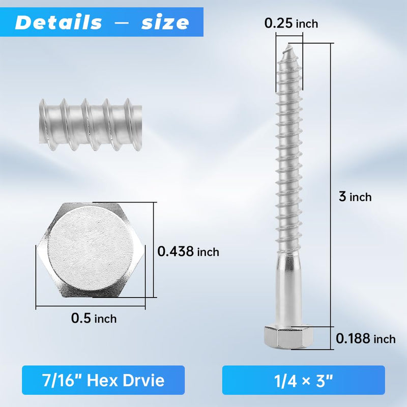Glvaner (20 pcs) 1/4" x 3" Stainless Steel Hex Head Lag Bolts, Hexagonal Head Lag Screws, 304 Stainless Steel 18-8, Secure Hold for Wood 1/4 x 3" 20