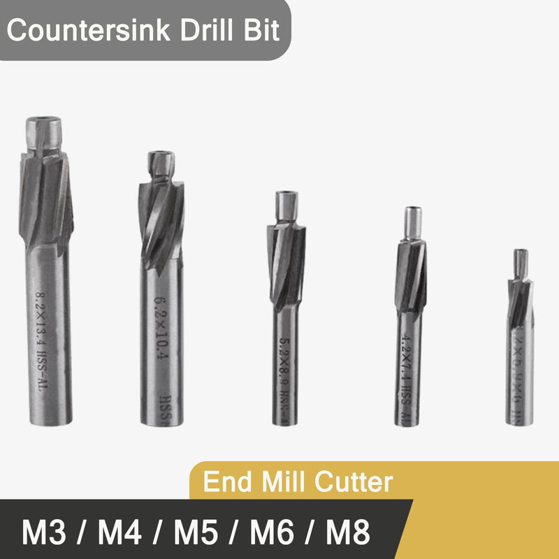 Counterbore Drill Bit, 5pcs M3-M8 Countersink End Mill Cutter Slot Drill Bits Tool 4 Flutes HSS-AL High Speed Steel End Mill for Milling of Copper, Aluminum, Steel, Cast Iron