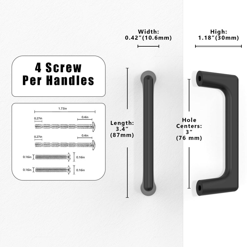 10 Pack Matte Black Cabinet Pulls 3 Inch(76mm) Kitchen Cabinet Handles Cabinet Hardware for Drawer Pulls 3" Hole Center 10