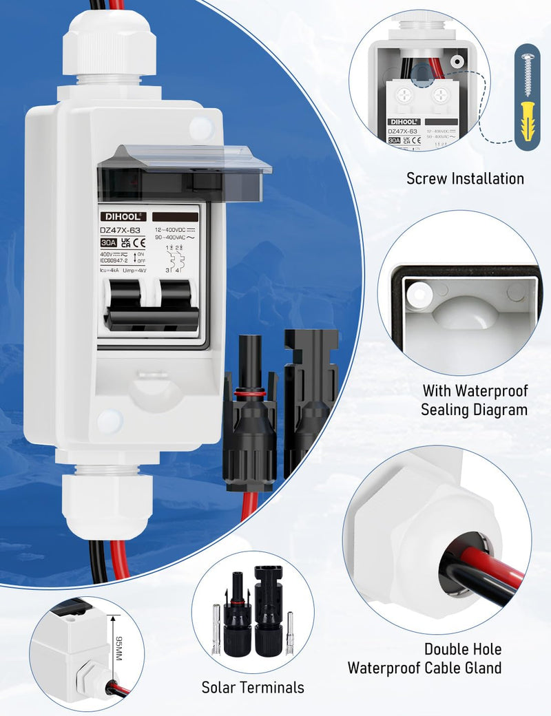 DIHOOL Solar Panel Disconnect Switch 30 Amp Breaker Box, DC Circuit Breaker, AC Disconnect Box Outdoor 400v 30 Amp