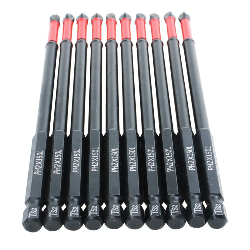 AUTOTOOLHOME 10 Pack Phillips PH2 Magnetic Anti Slip Screwdriver Bit Set 6 inch Length TS2 Anti-Slip Long Drill Bits Impact Driver Bits Length:150mm