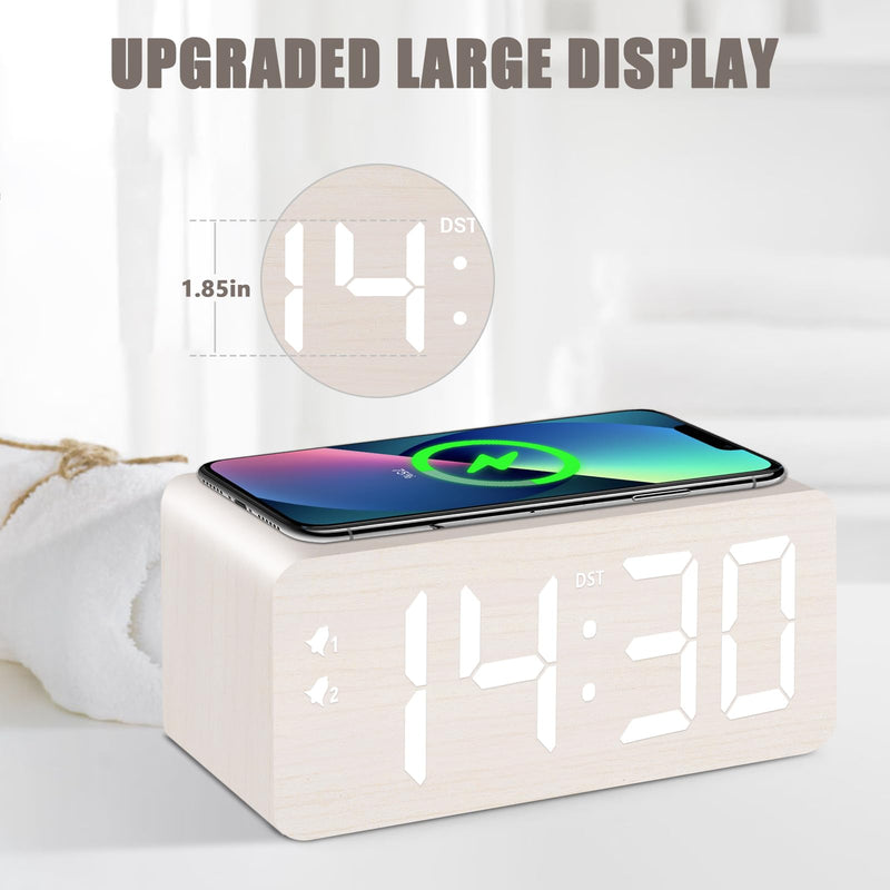 Wooden Digital Alarm Clock, 10W Fast Wireless Charger Station & 2 USB Charging Ports, with 0~99% Dimmer, Dual Alarm, Weekday/Weekend Mode, Wood LED Clock for Bedroom, Desk, Office White