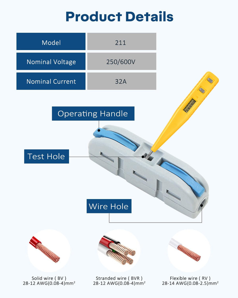 20 PCS Eugiichr Lever Wire Connectors - Quick Connect Professional Electrical Compact Push-in Terminal Splicing Kit for Various Circuits Inline Splices (1-in/1-out), AWG 28-12