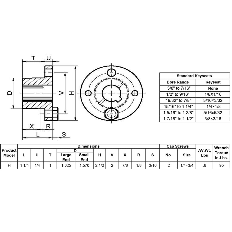 H-1 Split Taper Bushing 1 inch bore,H Style Fixed Bore,Carbon Steel Locking Bushings for Pulley/Sheaves 1" bore H