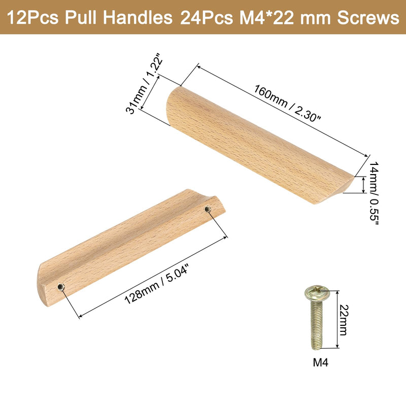 uxcell 12Pcs Wood Drawer Pulls Handles, 128mm/5.04" Hole Spacing Beech Wood Cabinets Drawer Knobs Pull Handles for Kitchen Cabinets Dresser Furniture, Wood Color 12 5.04"
