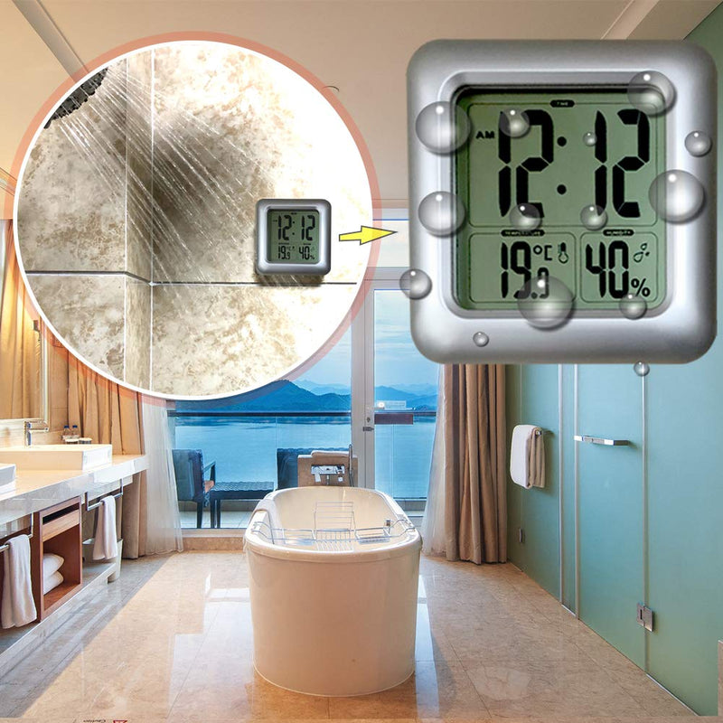 Shatterproof Bathroom Waterproof Hanging Shower Wall Clock, Big Digital Water Resistant Outdoor Clock Thermometer Hygrometer Combo, Large Display Elderly Kids Mirror Suction Cup Clock, Table Standing Silver