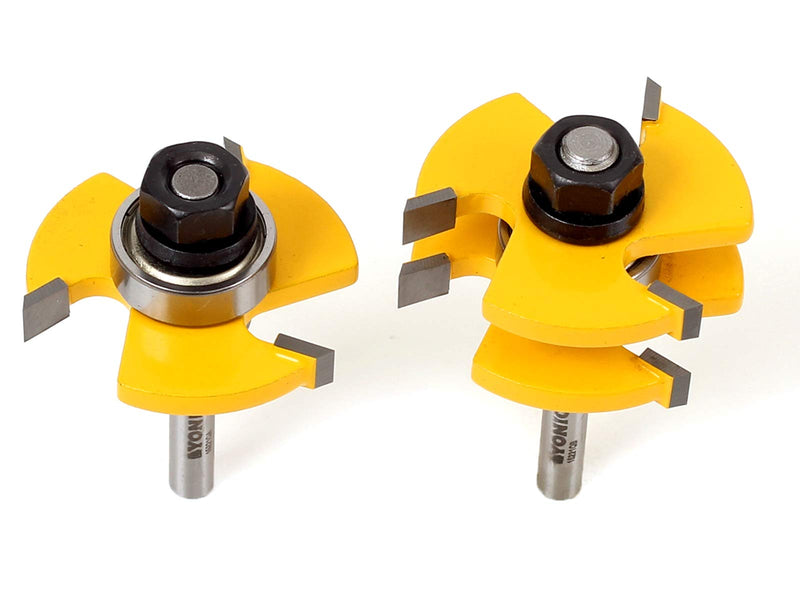 YONICO Tongue and Groove Router Bits Set Up to 3/4-Inch Stock 1/2" Cutting Depth 2 Bit Set 1/4-Inch Shank for Edge-to-Edge Hardwood Flooring, Paneling, Cabinet Door, Plywood Sheathing 15221q Up to 3/4" Stock - 1/2" Depth - 1/4" Shank