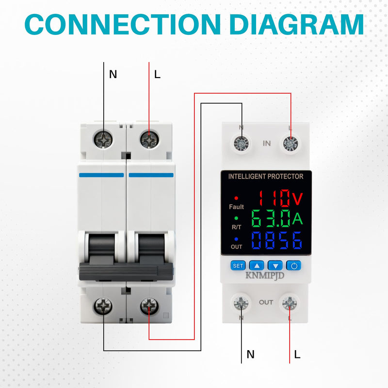 Adjustable Voltage Protector 110/230VAC 2P 63A Smart Breaker Adjustable Over Under Voltage Protection Three LED Display Voltage Current Electric Energy Intelligent Relays Reset Prote