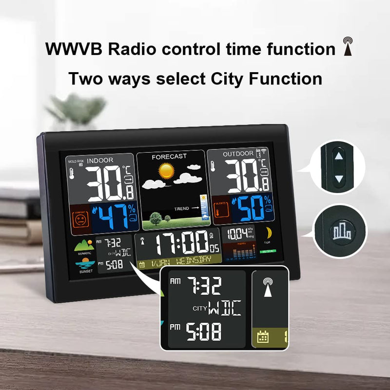 Wireless Weather Station with Outfdoor Sensor 8.8'' LCD Digital Thermometer Hygrometer,WWVB Radio Alarm Clock,Barometer,Weather Forecast,City Sunrise Sunset Time,Calender,Moon Phase with white sensor