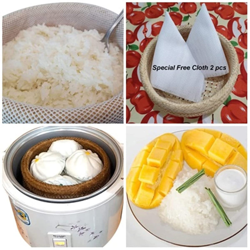 Thai Bamboo Sticky Rice Steaming Basket with Cloth – 7” Wide Traditional Isan Style Cooking Tool – Handmade Natural Bamboo Rice Steamer.