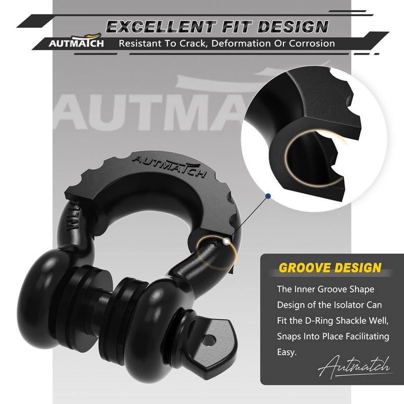AUTMATCH D Ring Shackle Isolators Washers Kit - 2 Rubber Shackle Isolators with 8 Washers, Fits 3/4 Shackles Protect and Prevents Rattling, Shackle Cover Black 3/4 Shackle Isolator & Washer
