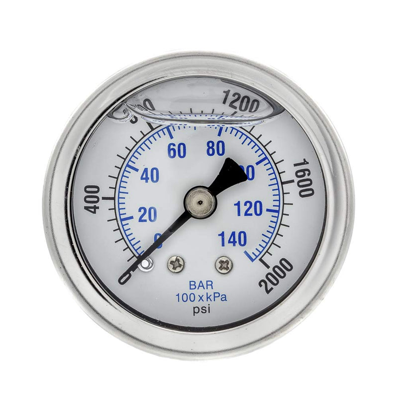 Liquid Filled Center Back Mount Pressure Gauge with 1.5" Dial, 0-2000 PSI, 1/8" Male NPT Connection, Stainless Steel CASE and Bezel (1)