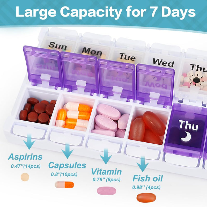 Shintop Am Pm Pill Organizer 7 Day, Push Button Weekly Pill Box 2 Times Removable Lid Medication Case Easy Fill Day Night Vitamin Container for Fish Oil Supplements (Purple & White) Purple & White