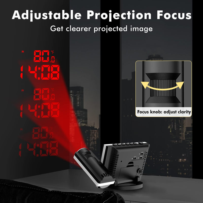 DR.PREPARE Projection Alarm Clock, Adjustable Projection Focus, Wireless Indoor Outdoor Temperature Humidity Monitor, 180° Projector, Snooze, Weather Forecast, Dual Alarms for Bedroom, Heavy Sleeper Upgrade