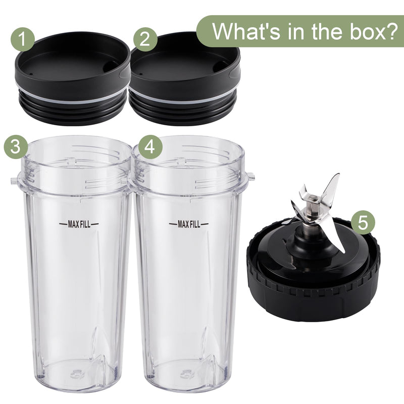 5-piece Ninja Blender Cups Replacement Single Serve 16oz Cups with Sip & Seal Lids, 6 Fins Extractor Blade Compatible with Nurti Ninja Blenders Pro BL660 BL663 BL663CO BL665Q BL740 BL770