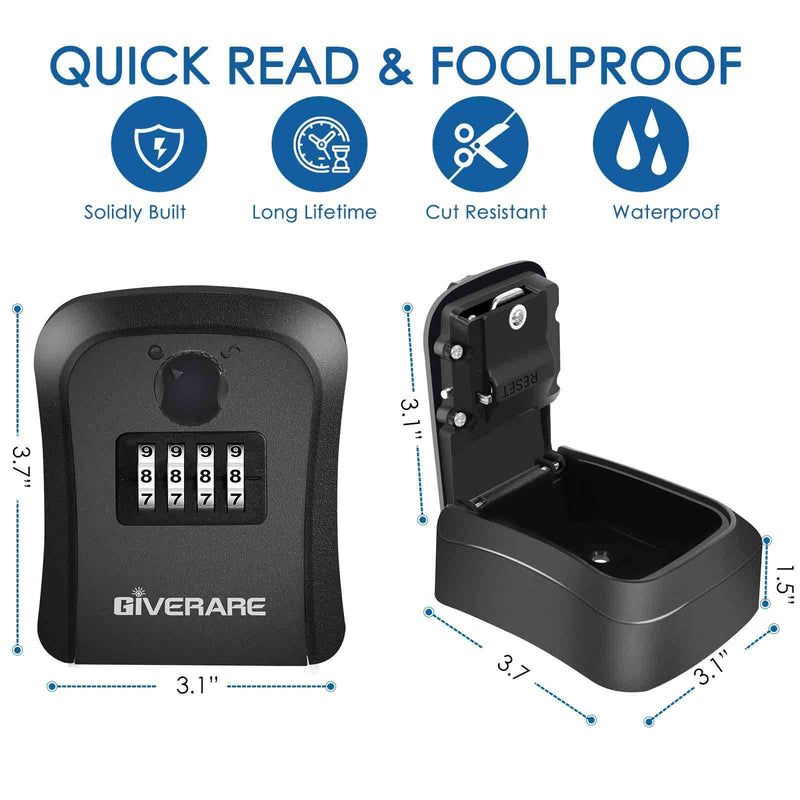 GIVERARE Key Lock Box, 4 Digits Combination Lockbox Wall Mount Outside, Waterproof Outdoor Key Hider for House Key Storage, Resettable Code Safe Security Password Boxes with Mounting Kit-Black 1 Pack Black-S