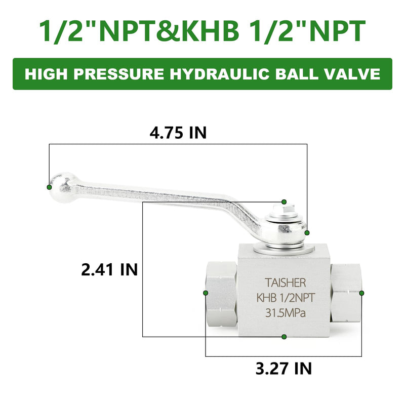 TAISHER 1PCS KHB 1/2'' NPT High Pressure Hydraulic Ball Valve Carbon Steel, Shut-Off 2 Way Ball Valve 1/2" NPT