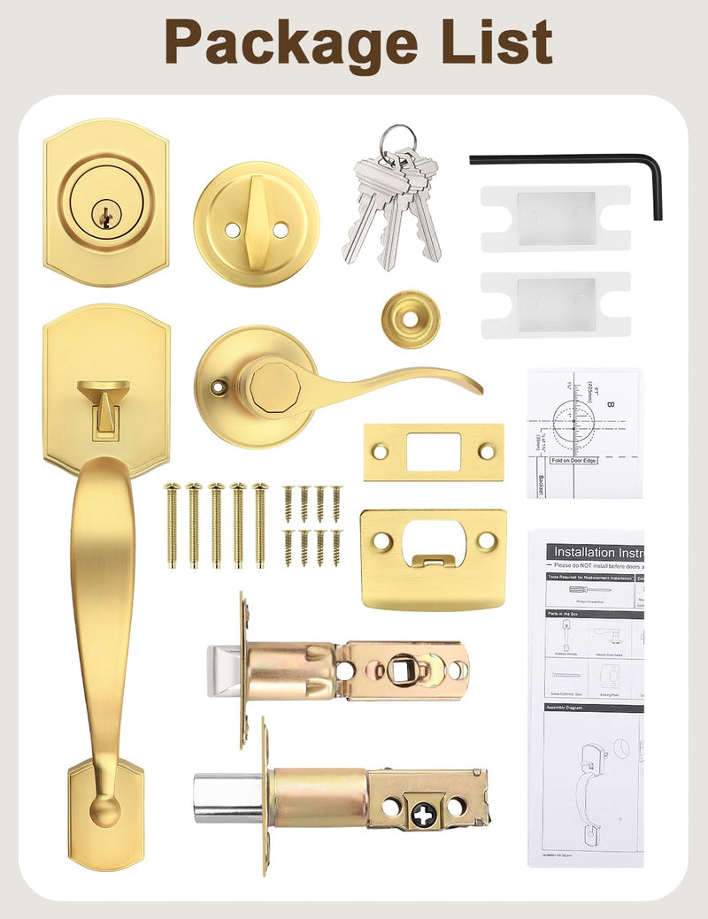 Camelot Brushed Gold Front Door Handle and Deadbolt Set, Front Door Lock Set, Satin Brass Finish, Upgated Entry Door Handle with Accent Wave Door Lever with Reversible Handle Lever, 1 Pack Gold - Deadbolt Set2