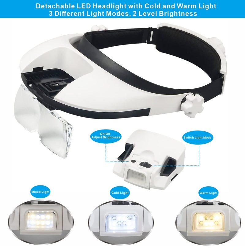 Large Lens Head Magnifier Headband Magnifying Glass with Light Hands free 8 LED Magnifier with White and Yellow Light for Close Work, Crafts, Hobby, Reading, Repairing, Sewing, Jewelry