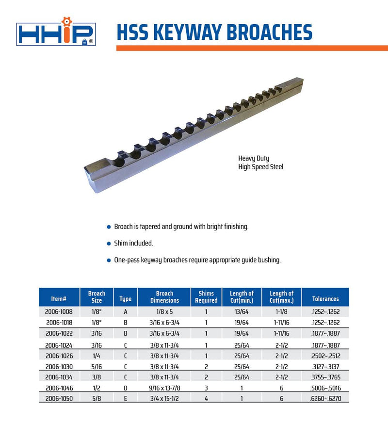 HHIP 2006-1018 1/8 Inch B HSS Keyway Broach with 1 Shim